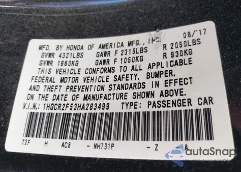 2017 Honda Accord Sport z USA, uszkodzony, nr VIN 1HGCR2F53HA283499